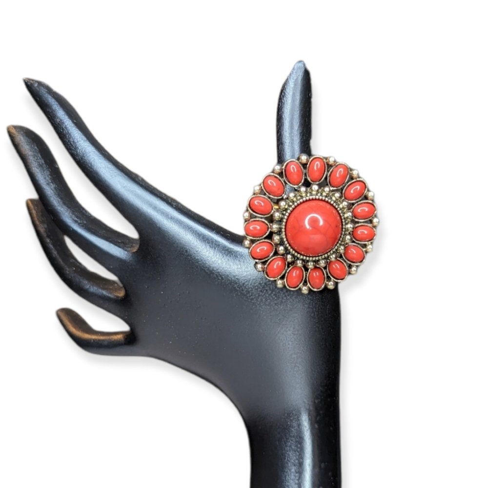Large Red Medallion Statement Ring Size 8